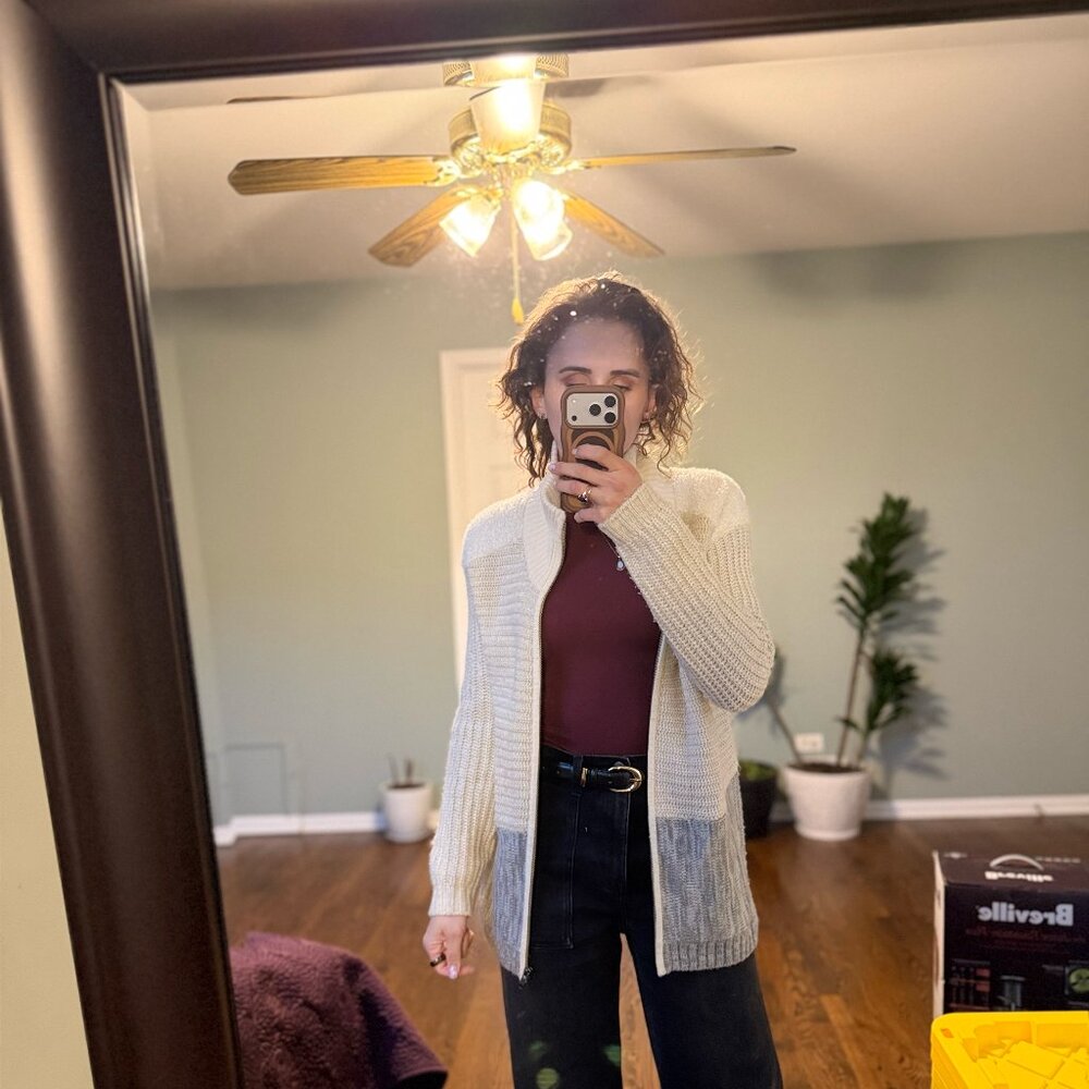 Trouvé Colorblock Zip Cardigan Sweater – Cream & Gray – XS